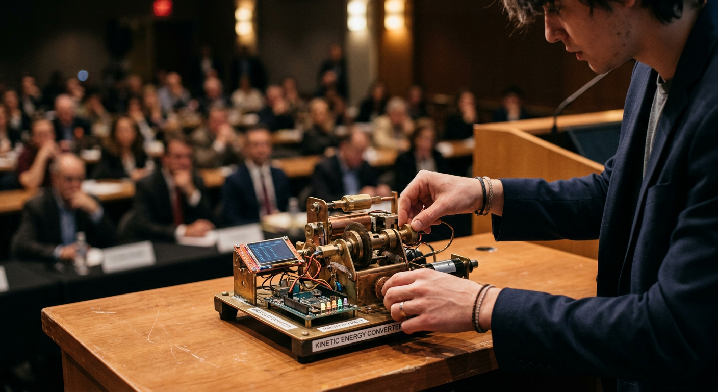 A young inventor presents a kinetic energy converter to a packed auditorium