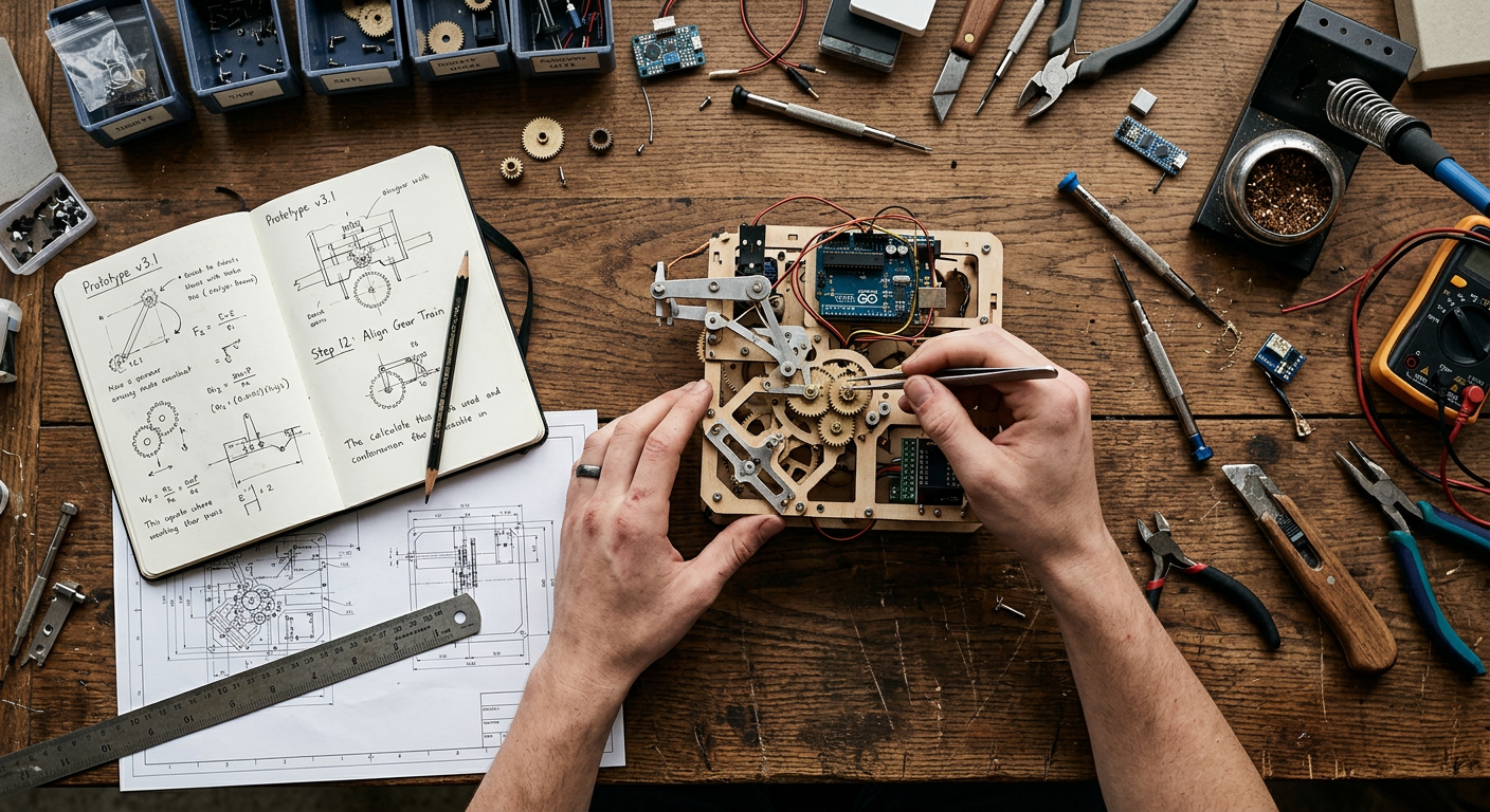 Overhead view of a workbench with a prototype, notebook, and tools